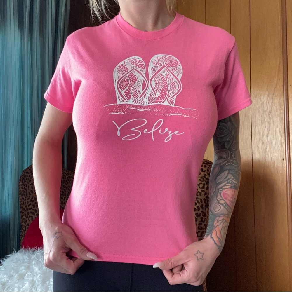 Vintage neon pink Belize sandal graphic cotton t shirt